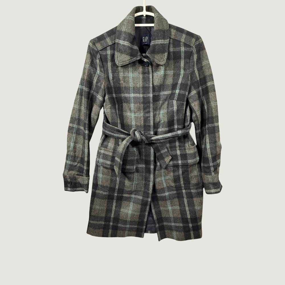 Gap Womens Gray Teal Plaid Wool Blend Belted Trench Coat Jacket XS